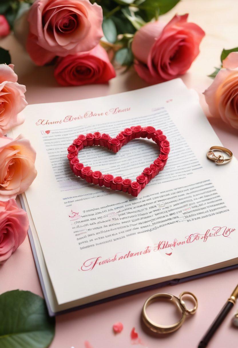 A heart-shaped insurance policy document surrounded by colorful icons representing love, such as roses, wedding rings, and a cozy couple. In the background, an open book displaying the letters of the alphabet, each letter showcasing different aspects of love insurance. Soft pastel colors to evoke warmth and comfort. super-realistic. vibrant colors.